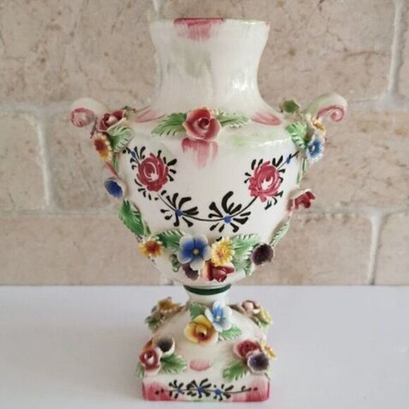 Vintage Capodimonte Style Small 7" Vase, CHIPPED Pedestal Florals Handmade Italy - Picture 1 of 10